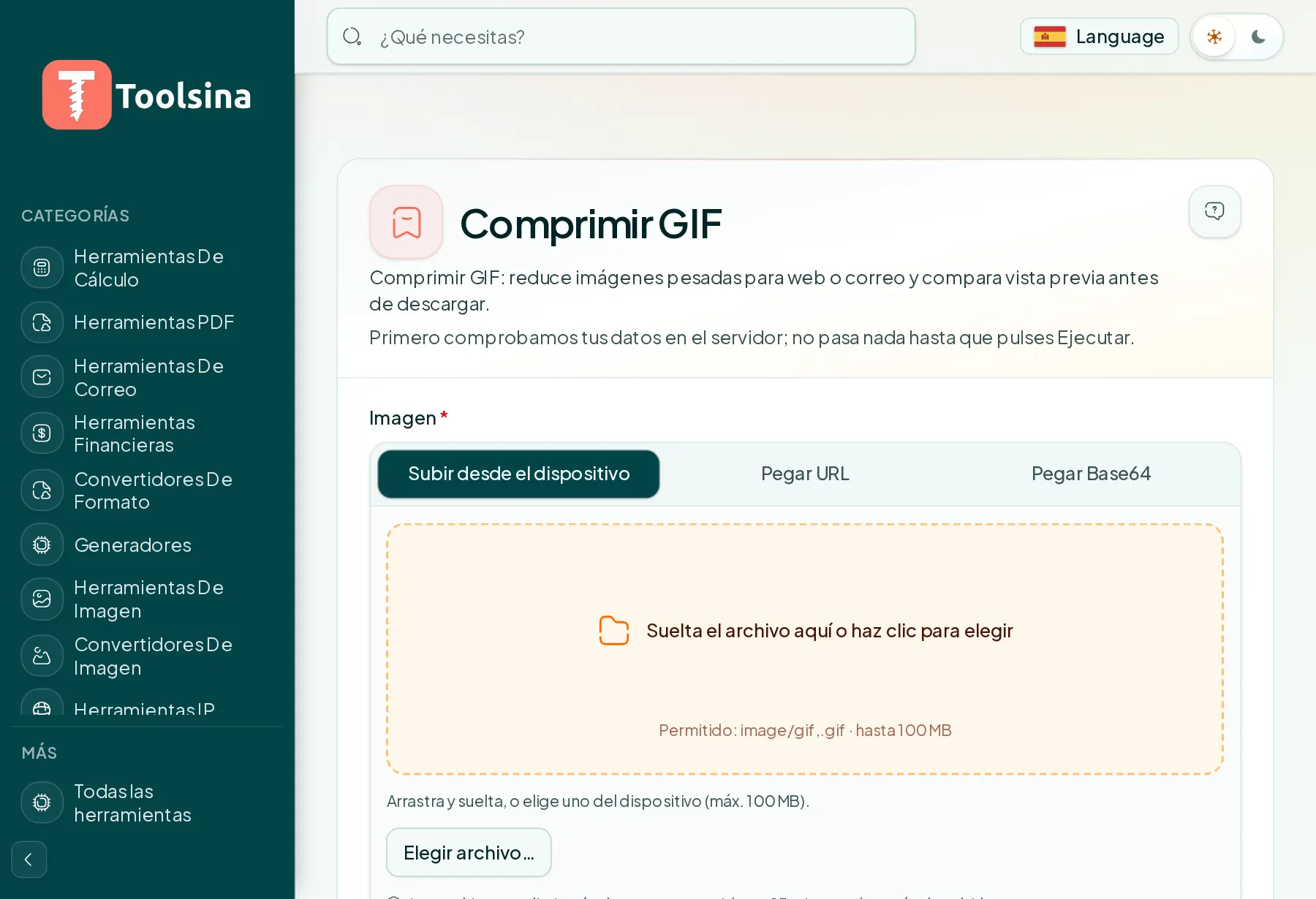 Abre la herramienta y sube tu archivo — Cómo comprimir una imagen GIF (gratis, en línea)