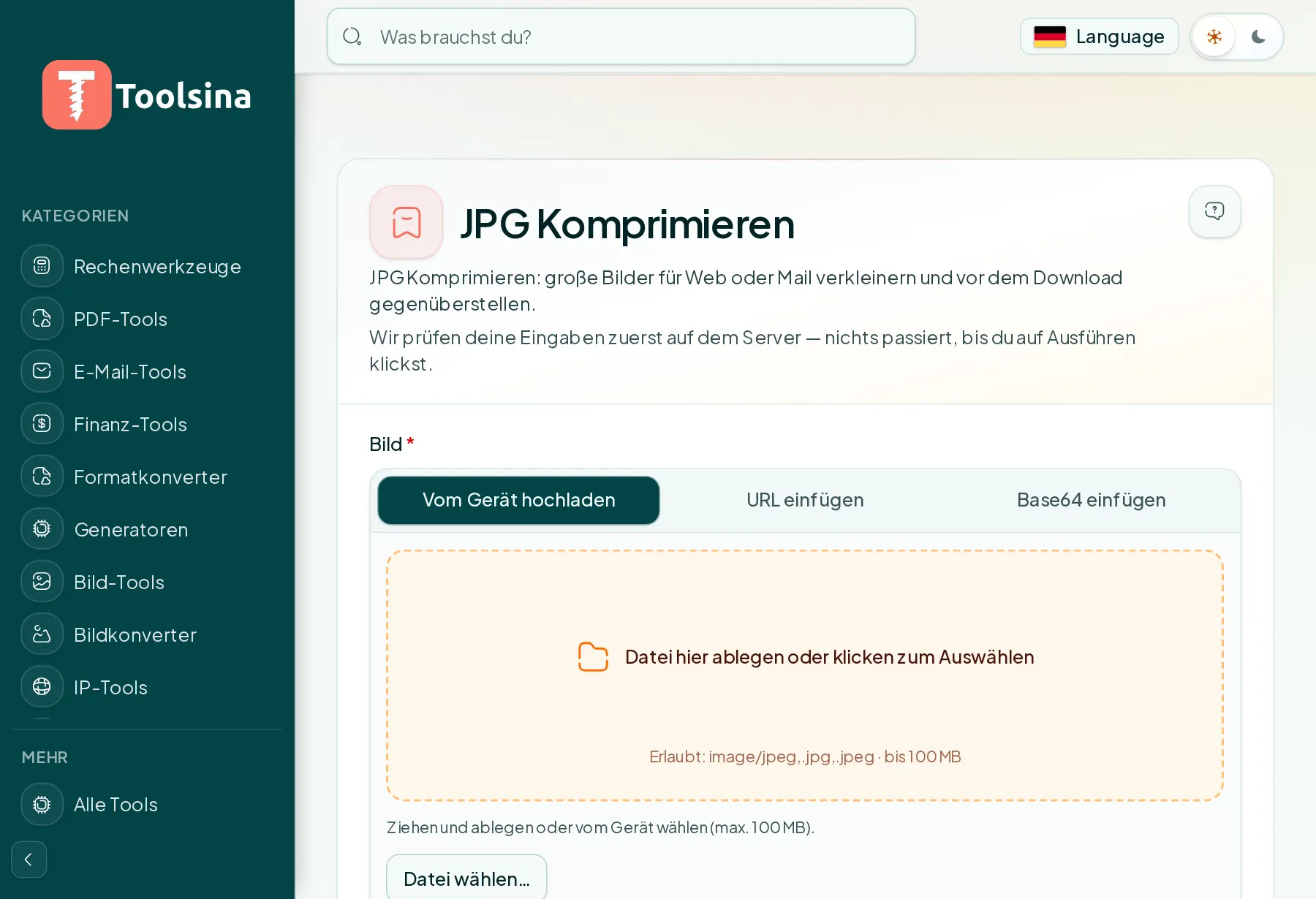 Öffnen Sie das Tool und laden Sie Ihre Datei hoch — Wie man ein JPG-Bild komprimiert (kostenlos, online)