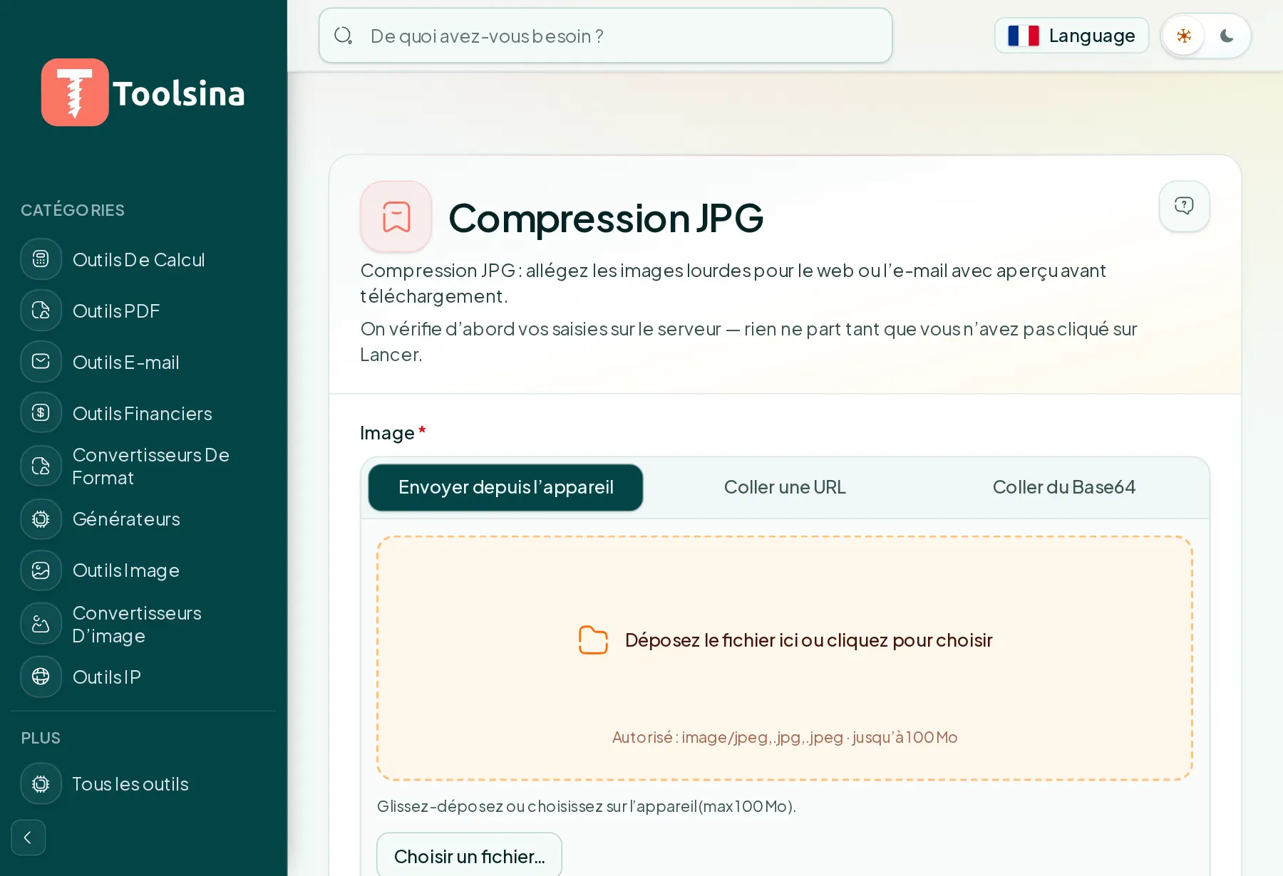 Ouvrez l’outil et importez votre fichier — Comment compresser une image JPG (gratuit, en ligne)