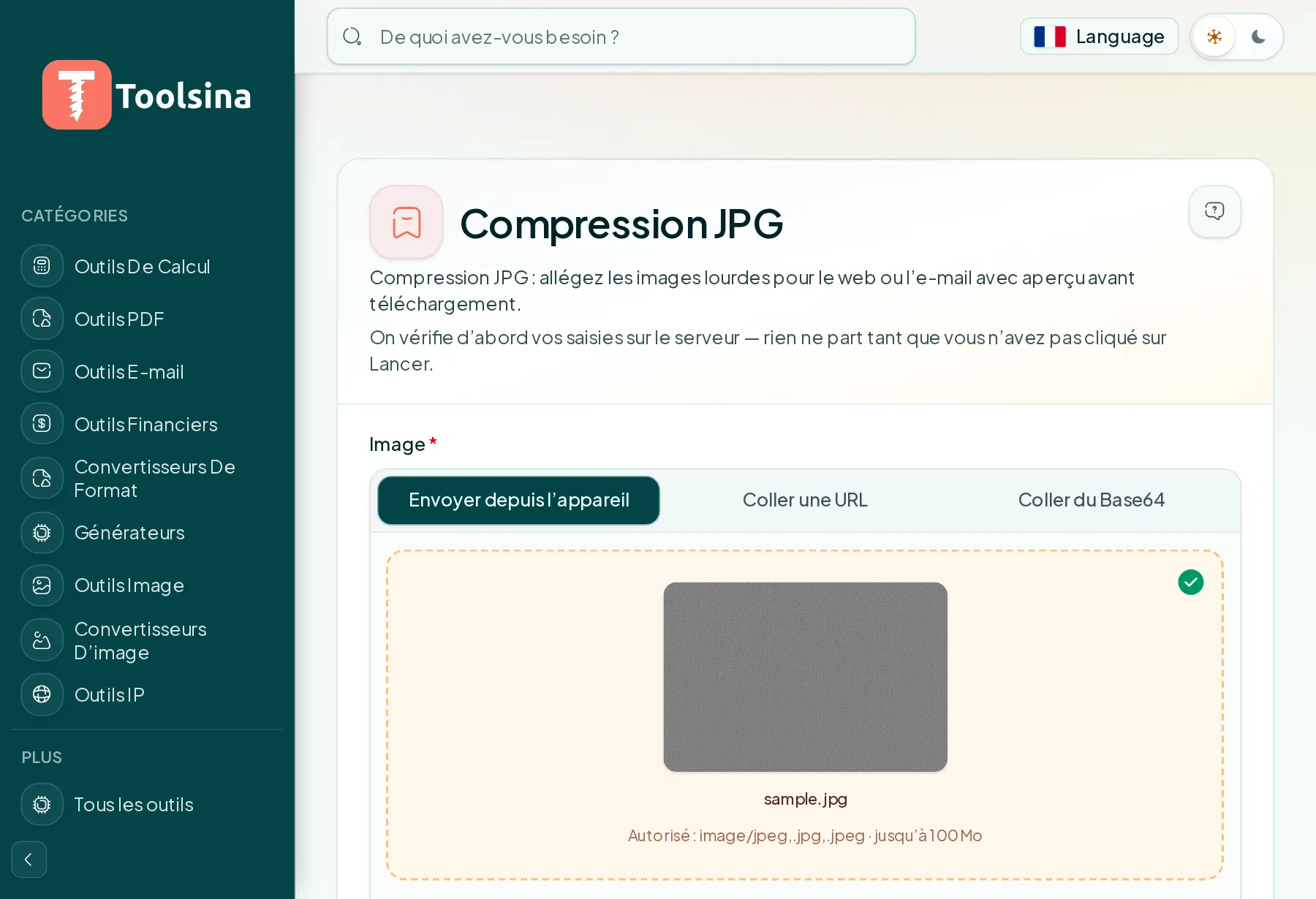 Vérifiez votre fichier et réglez les options — Comment compresser une image JPG (gratuit, en ligne)