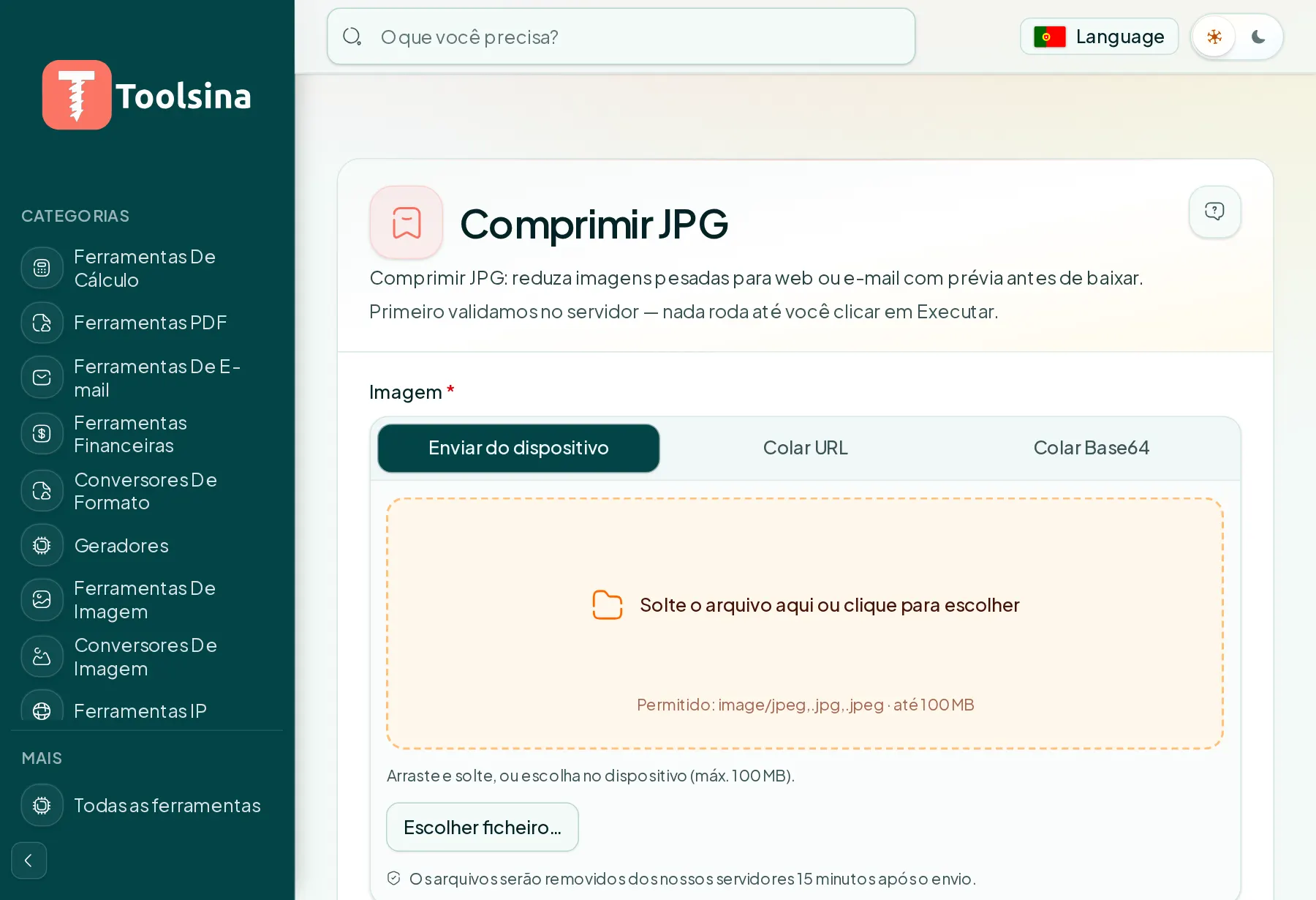 Abra a ferramenta e envie seu arquivo — Como comprimir uma imagem JPG (grátis, online)