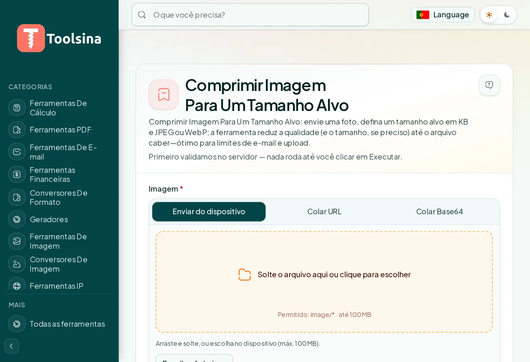 Abra a ferramenta e envie seu arquivo — Como comprimir uma imagem para um tamanho de arquivo alvo (KB)