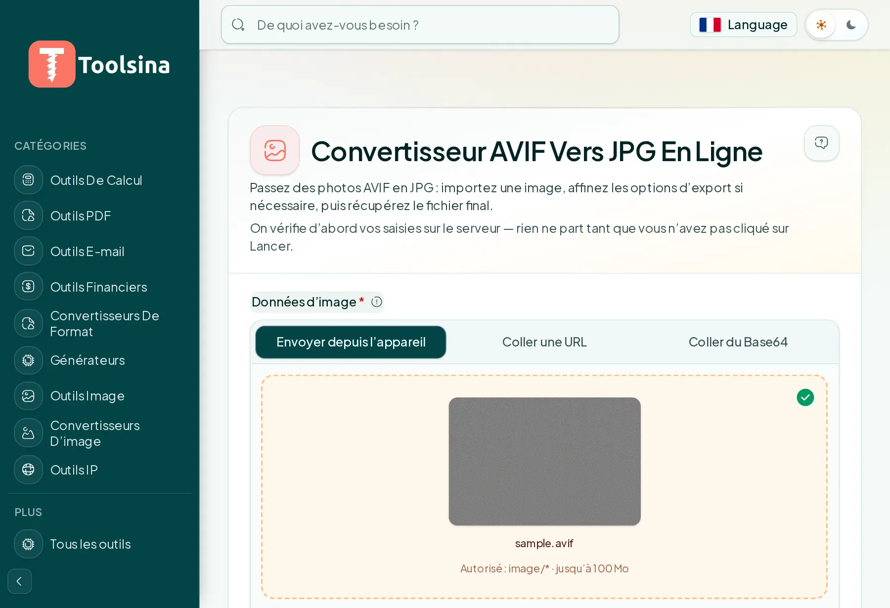Vérifiez votre fichier et réglez les options — Comment convertir un AVIF en JPG (gratuit, en ligne)