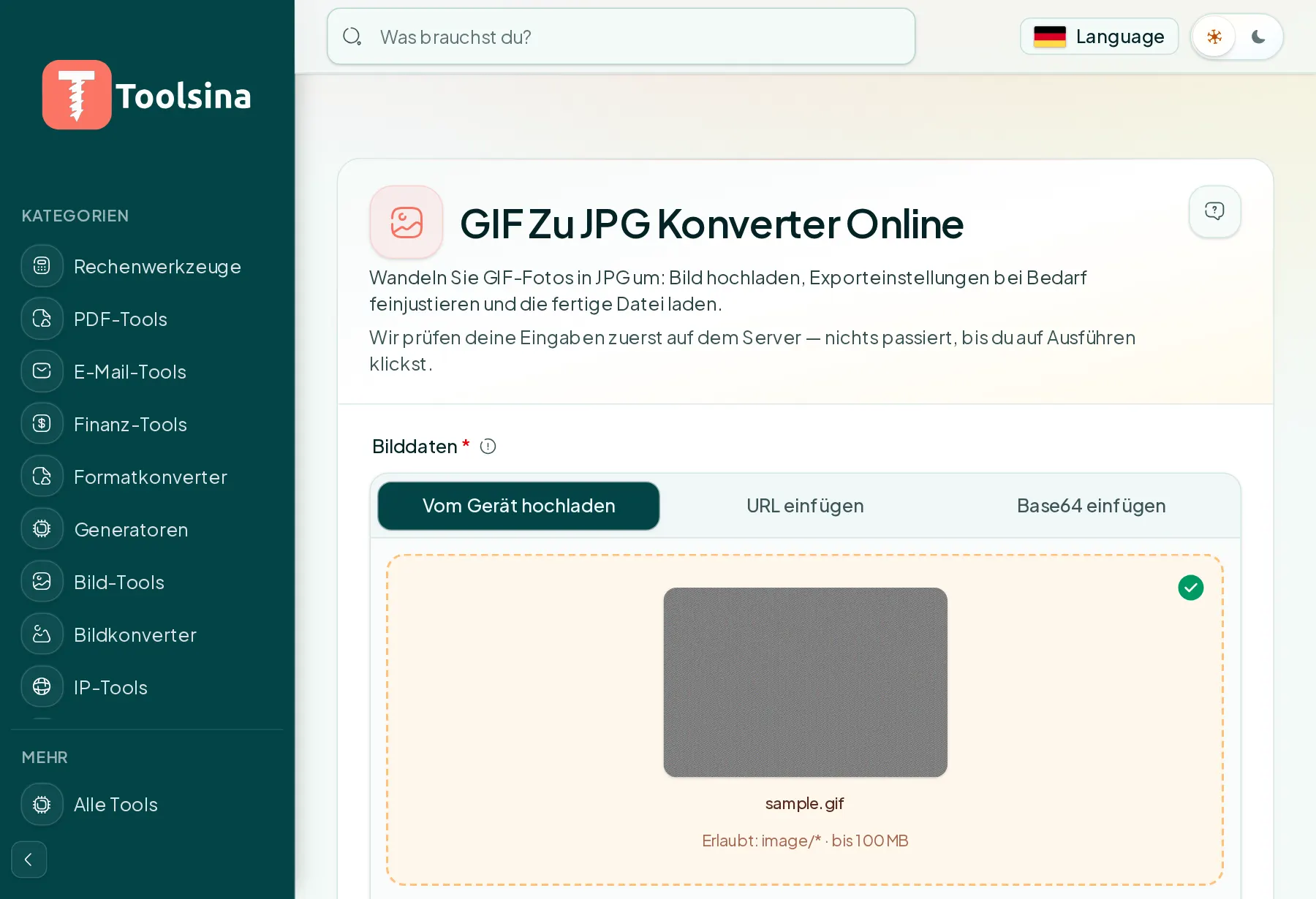 Datei prüfen und die Optionen anpassen — Wie man ein GIF in JPG umwandelt (kostenlos, online)