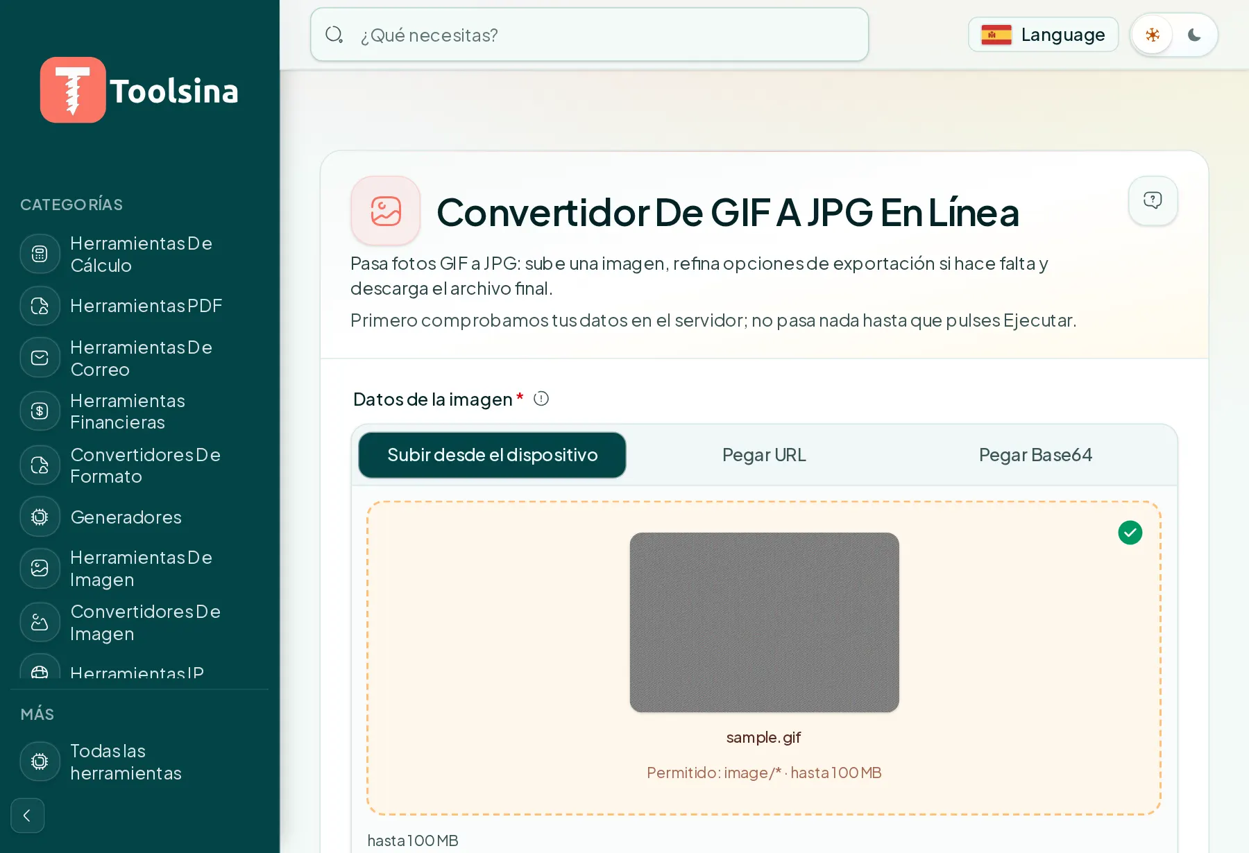Revisa tu archivo y ajusta las opciones — Cómo convertir GIF a JPG (gratis, en línea)