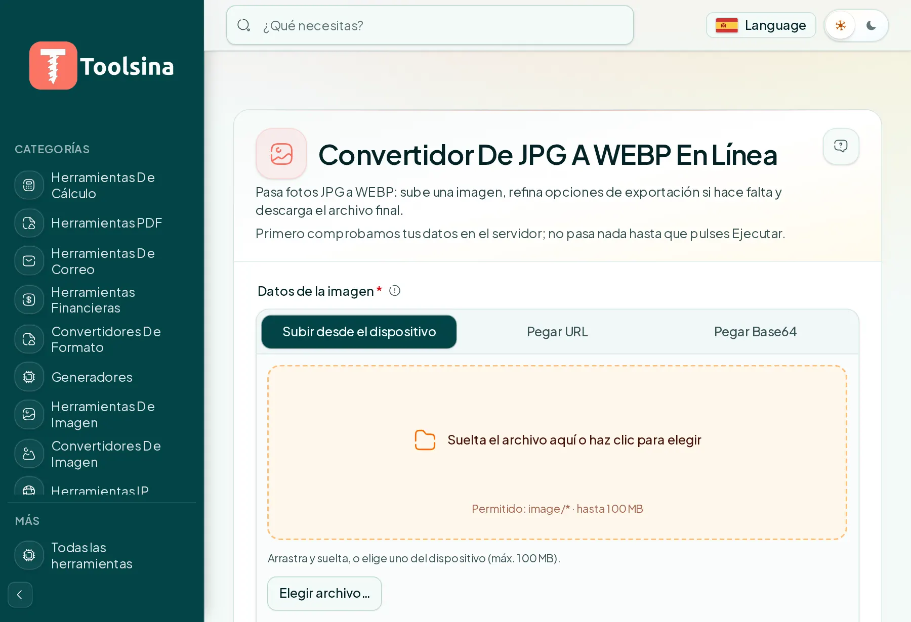 Abre la herramienta y sube tu archivo — Cómo convertir JPG a WebP (gratis, en línea)