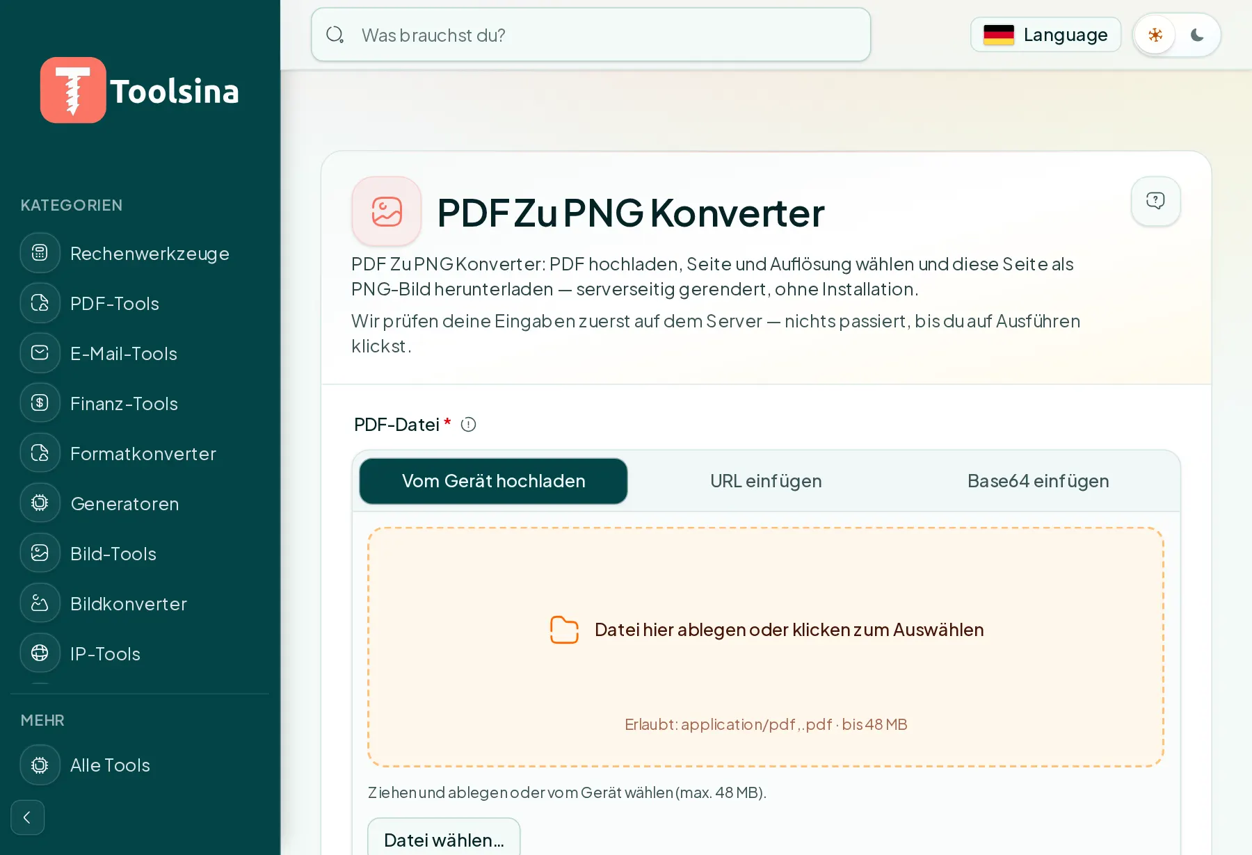 Öffnen Sie das Tool und laden Sie Ihre Datei hoch — So wandeln Sie eine PDF-Seite in ein Bild um (PNG oder JPG)