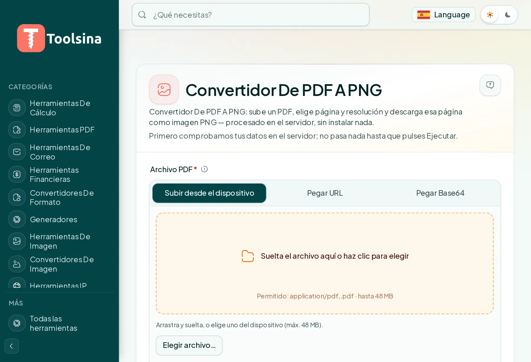 Abre la herramienta y sube tu archivo — Cómo convertir una página de PDF en una imagen (PNG o JPG)
