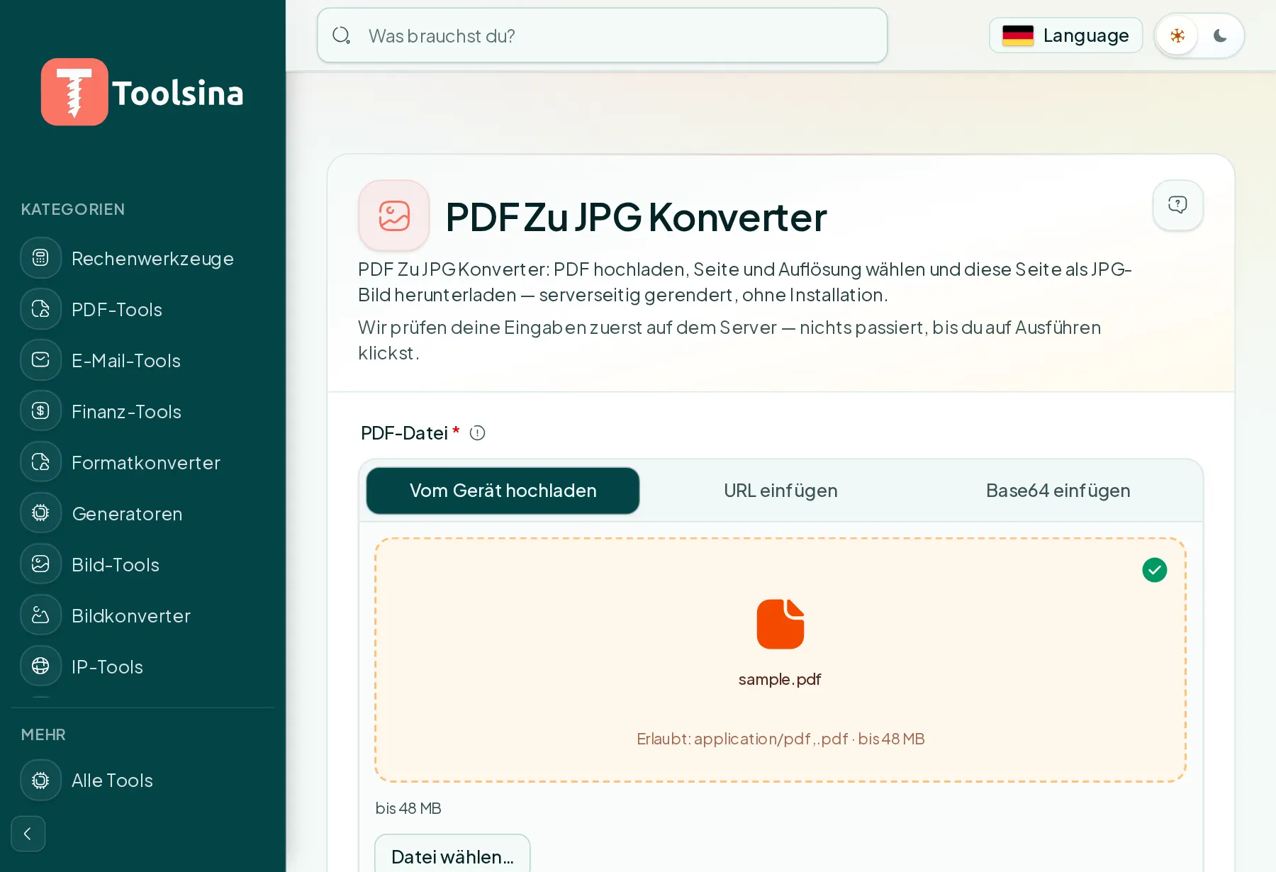 Datei prüfen und die Optionen anpassen — Wie man eine PDF in JPG umwandelt (kostenlos, online)