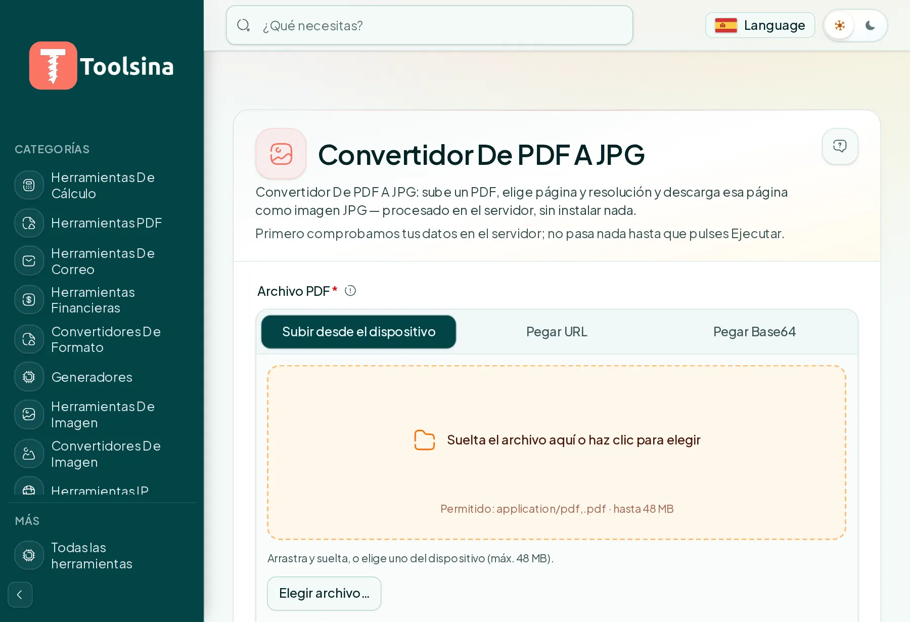 Abre la herramienta y sube tu archivo — Cómo convertir un PDF a JPG (gratis, en línea)