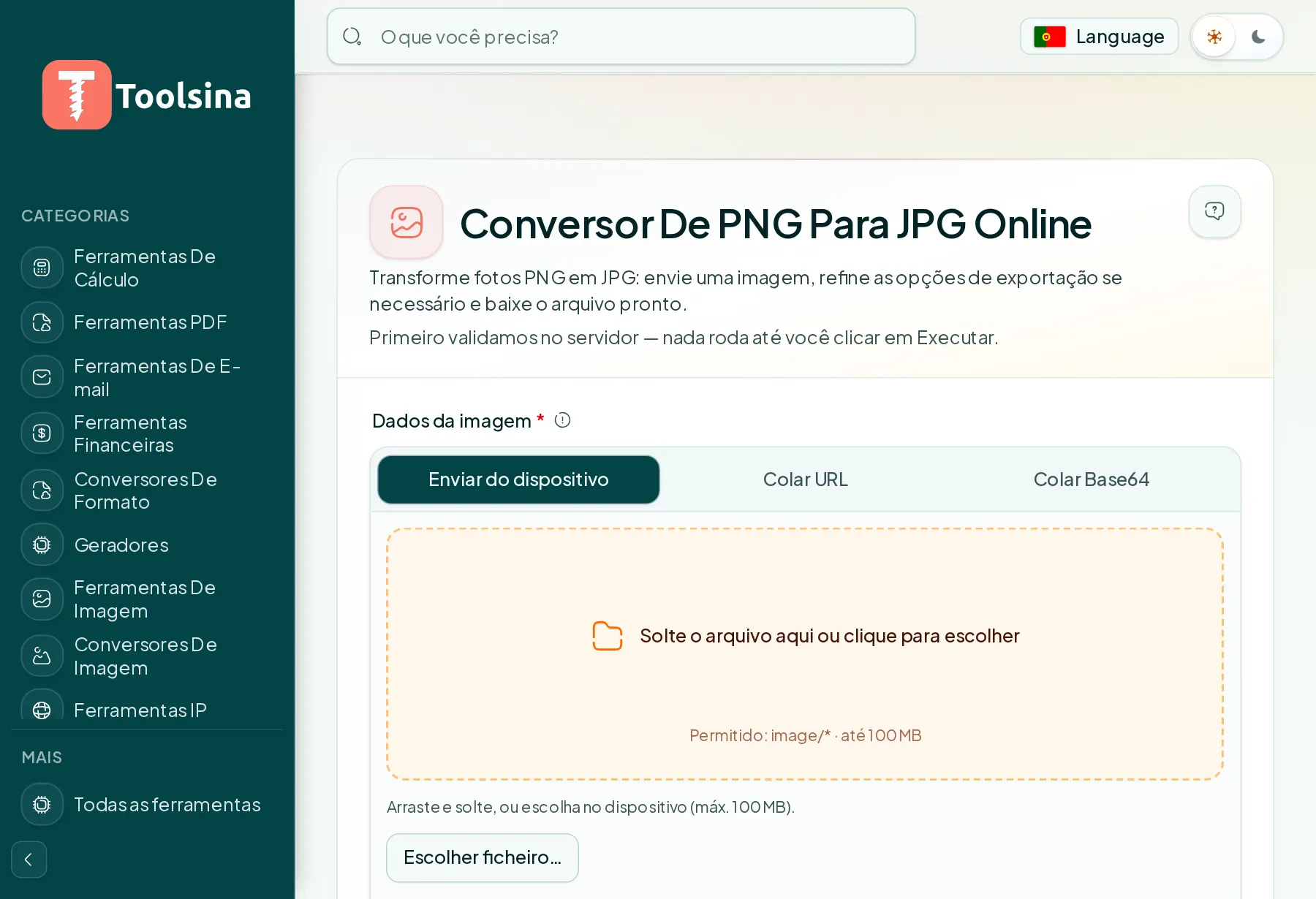 Abra a ferramenta e envie seu arquivo — Como converter PNG em JPG (grátis, online)