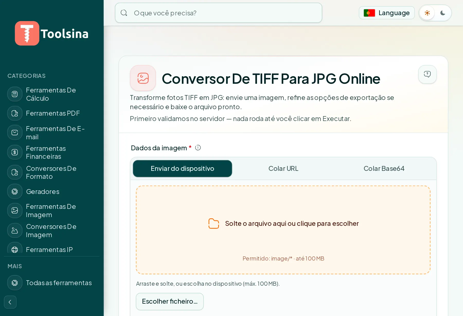 Abra a ferramenta e envie seu arquivo — Como converter TIFF para JPG (grátis, online)