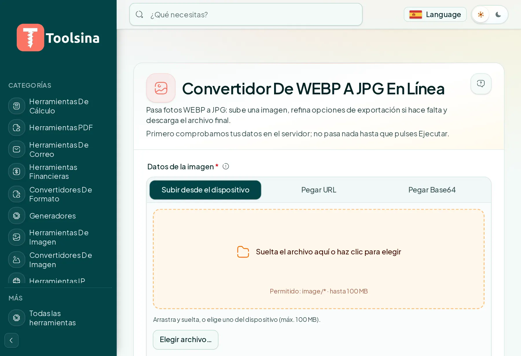 Abre la herramienta y sube tu archivo — Cómo convertir WebP a JPG (gratis, en línea)
