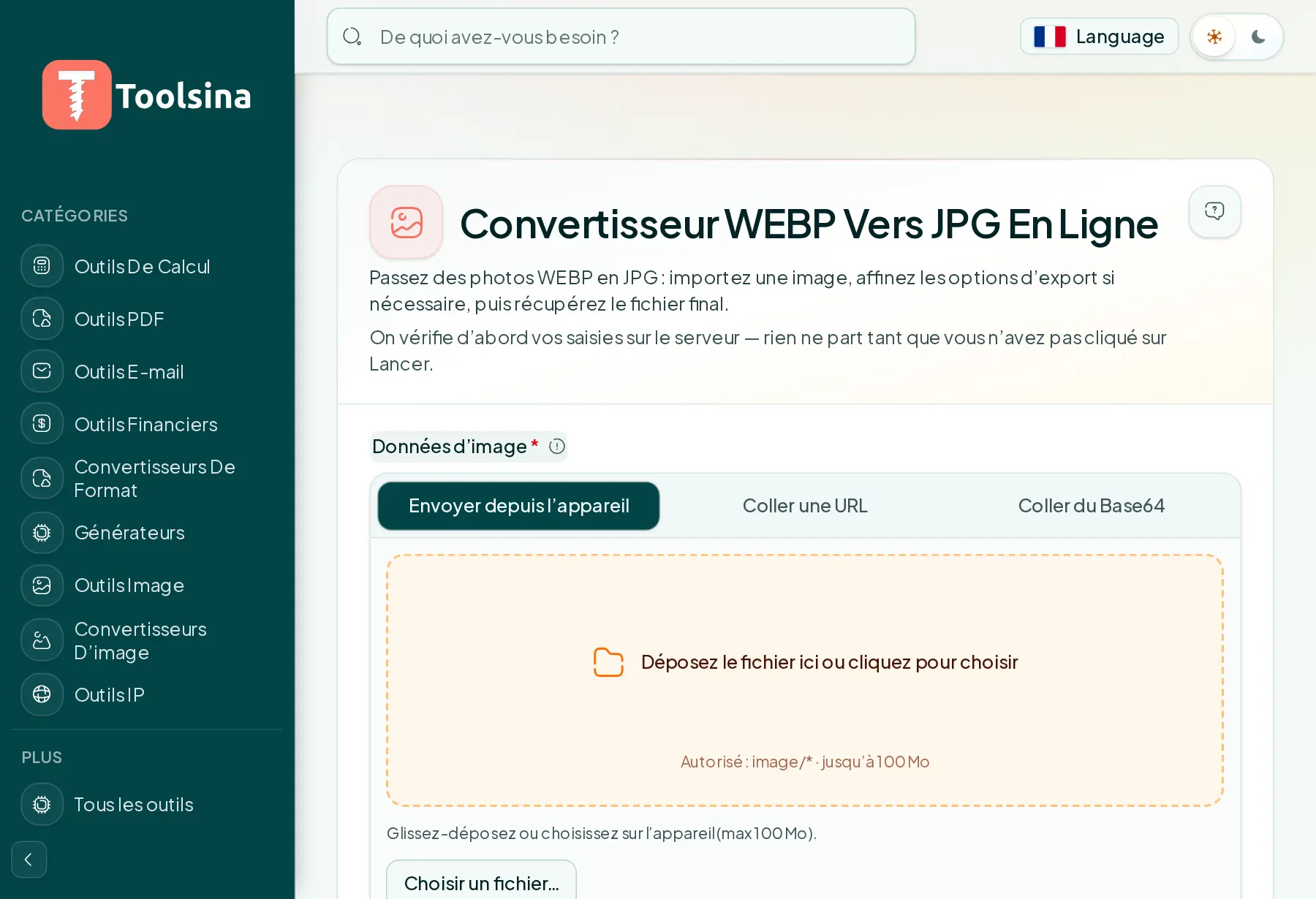 Ouvrez l’outil et importez votre fichier — Comment convertir WebP en JPG (gratuit, en ligne)