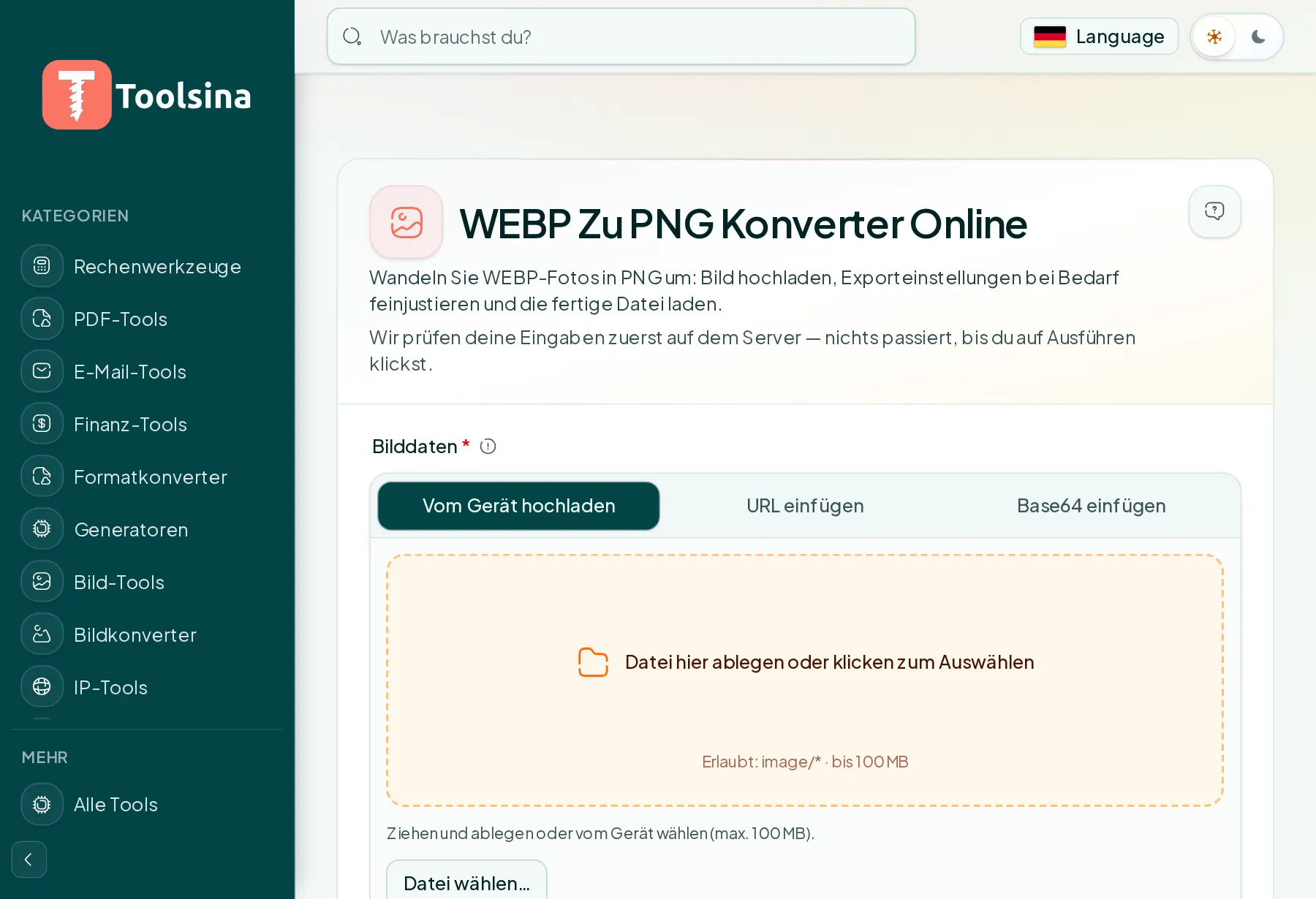 Öffnen Sie das Tool und laden Sie Ihre Datei hoch — So konvertieren Sie WebP in PNG (kostenlos, online)
