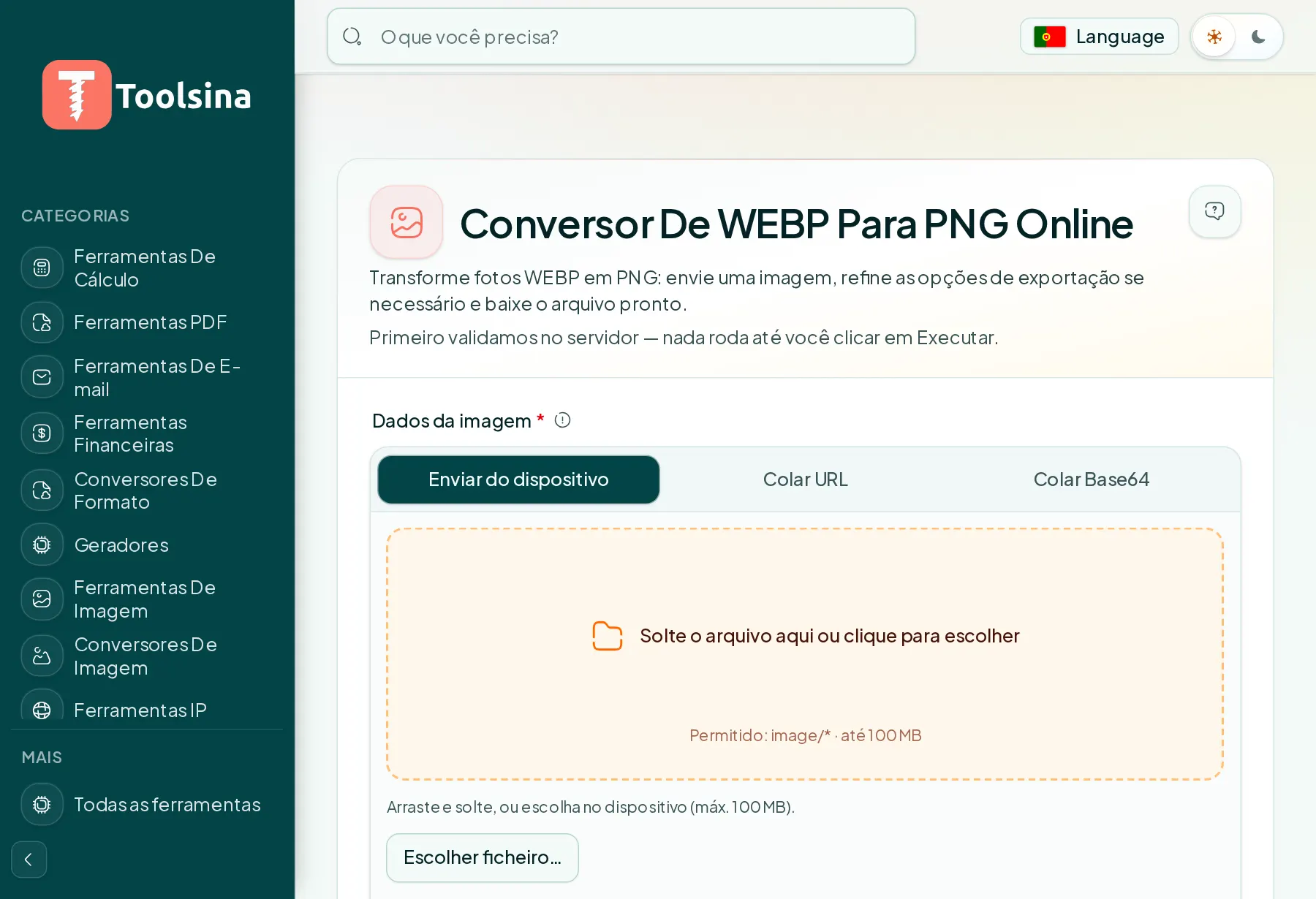 Abra a ferramenta e envie seu arquivo — Como converter WebP em PNG (grátis, online)